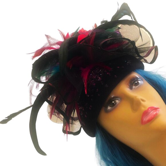 Handcrafted Retro-Modern Cocktail Party Glammed-Up Black Hat NEW - Picture 2 of 5